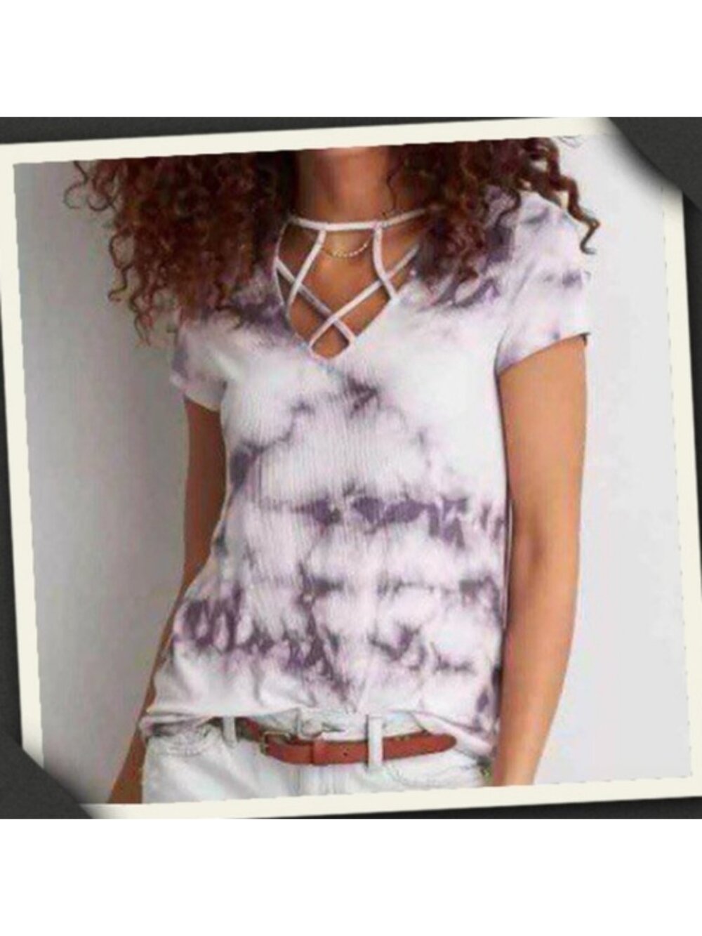 American Eagle Soft & Sexy Ribbed Black White Tie-Dye T-Shirt Strappy y2l 2000s